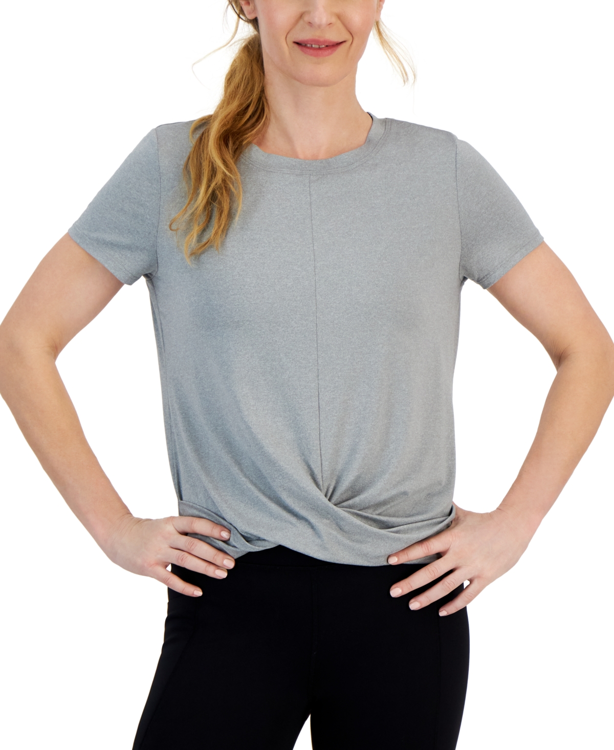Shop Id Ideology Women's Twist-front Performance T-shirt, Created For Macy's In Storm Grey