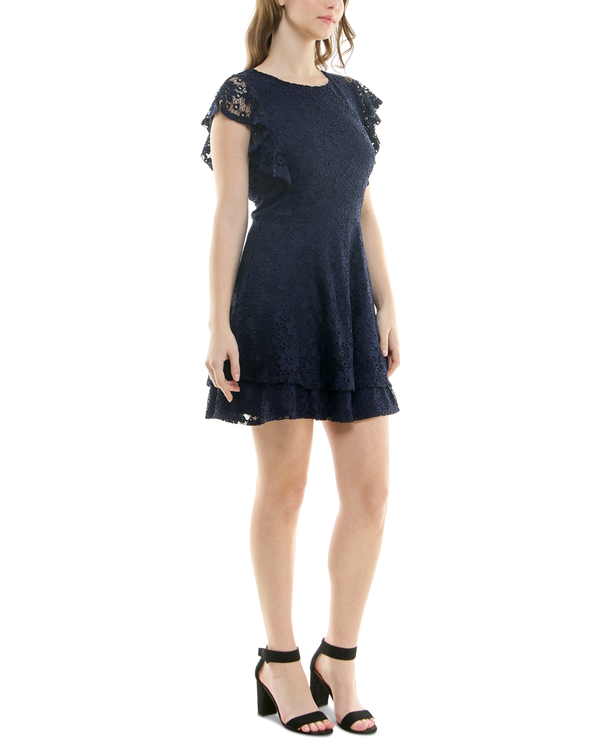 Shop Crystal Doll Juniors' Ruffle-sleeve Lace Dress In Navy