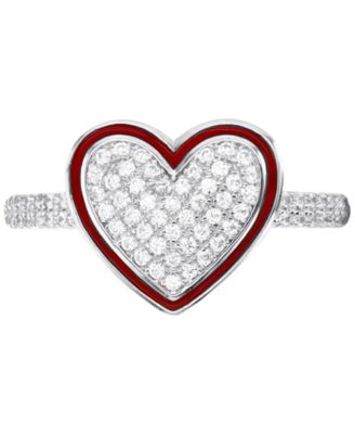 Cubic Zirconia Pav&eacute; & Enamel Frame Heart Ring in Sterling Silver
