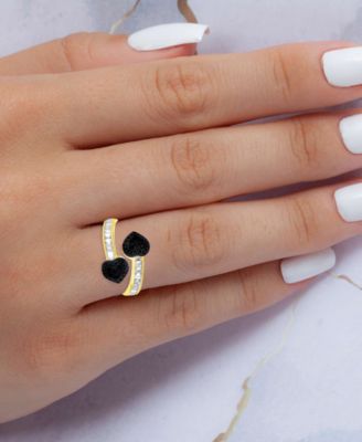 Black Cubic Zirconia Two Heart Bypass Ring in Sterling Silver