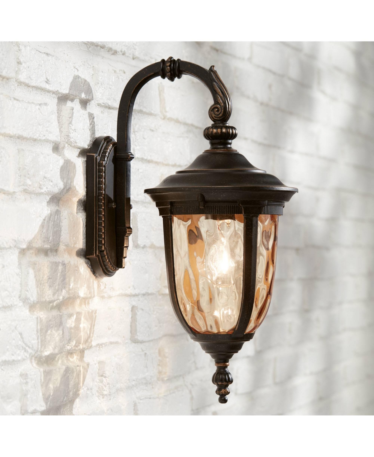 Bellagio European Outdoor Carriage Light Fixture Bronze Metal 16 1/2" Hammered Glass Wall Sconce for Exterior House Porch Patio Outside Deck Garage Ya