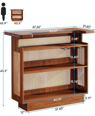 Rattan Home Bar Unit, Farmhouse 4-Tier Bar Table with 4 Stemware Racks and Heightened Base, Caramel Brown