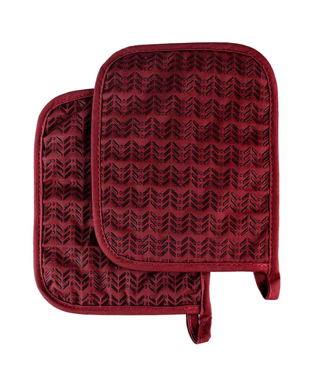 Quilted & Heat Resistant Pot Holder Set with Silicone Grip, Burgundy - Set of 2 - Dark Red