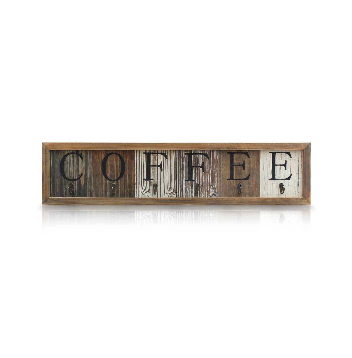 Rustic Coffee Mug Rack Wall Mounted, Printed Coffee Sign - 6 Coffee Cup Hooks - Wooden Coffee Mug Organizer - Distressed Coffee Rack Sign (31.5") - Ru