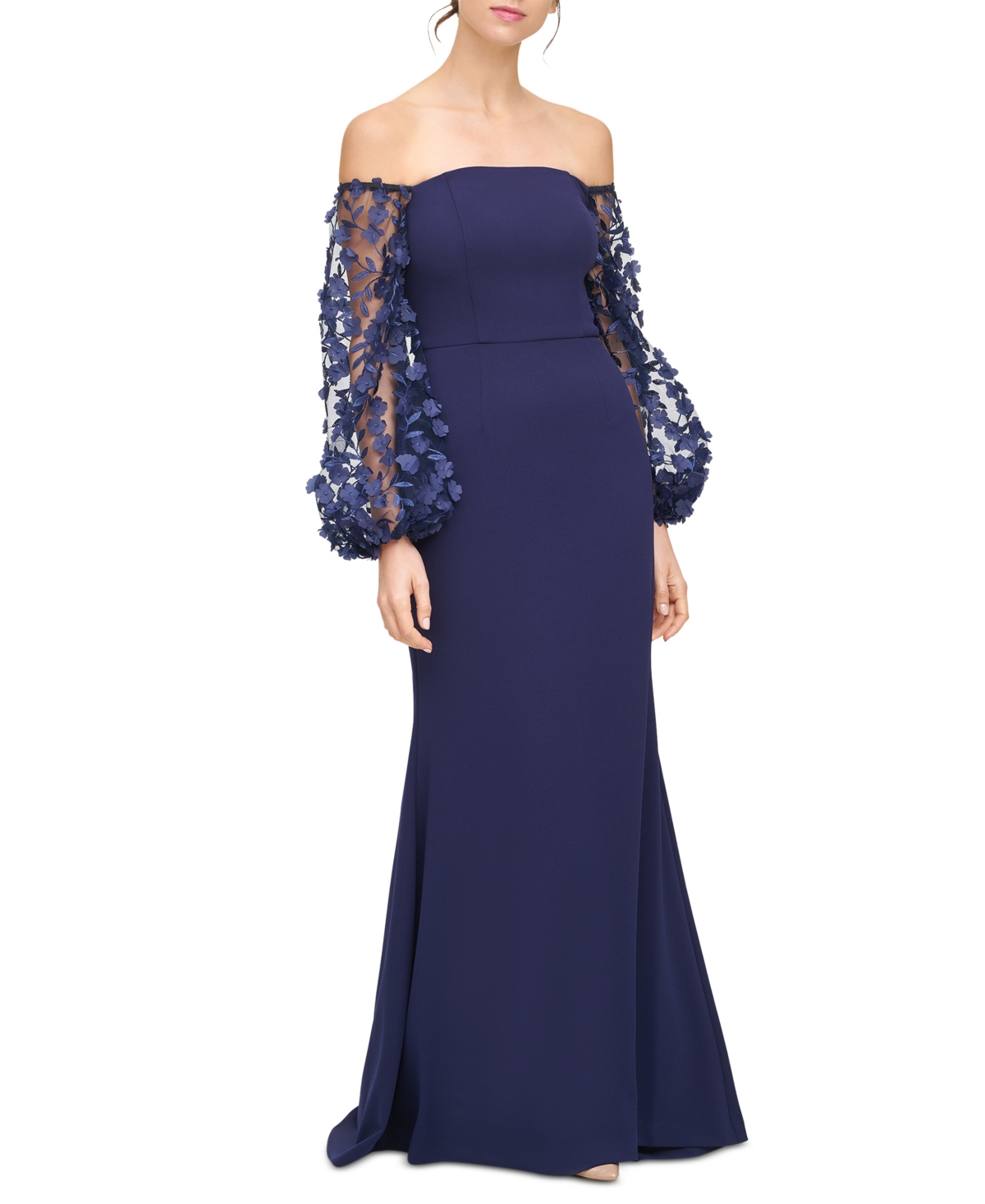 Off-The-Shoulder Mesh-Sleeve Gown - Navy