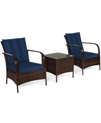 3 Pcs Patio Conversation Rattan Furniture Set with Glass Top Coffee Table and Cushions