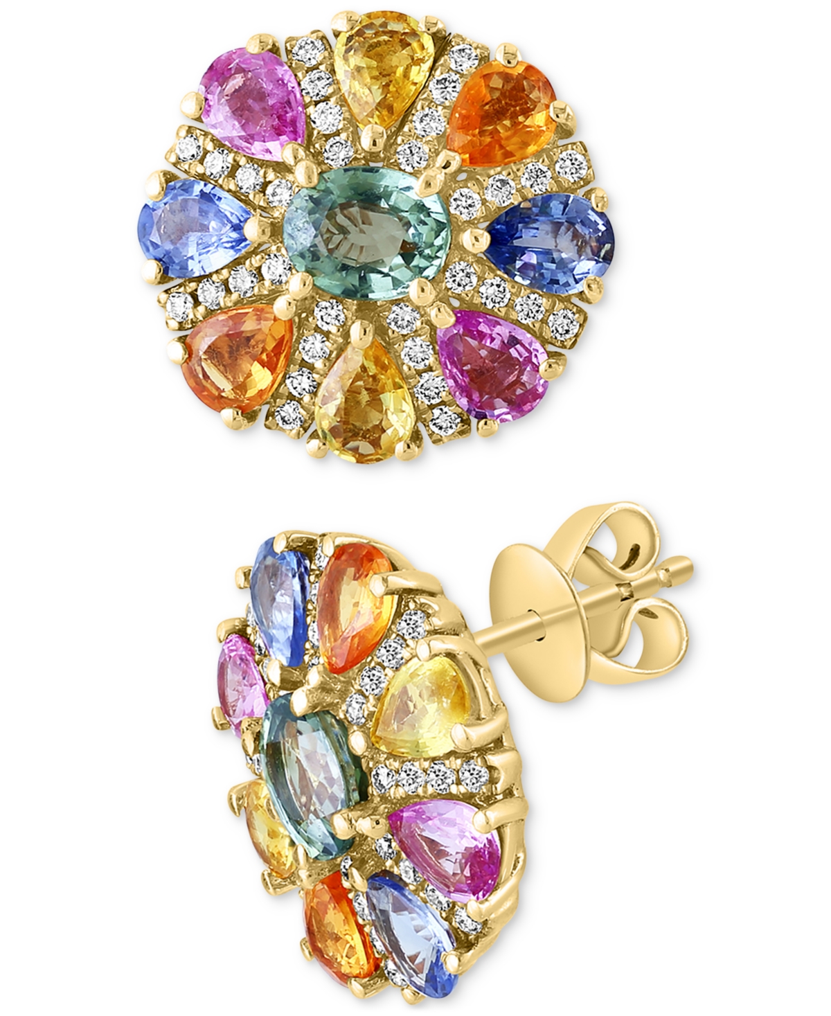 Effy Multi-Sapphire (3-7/8 ct. t.w.) & Diamond (1/4 ct. t.w.) Flower Stud Earrings in 14k Gold - Yellow Gold