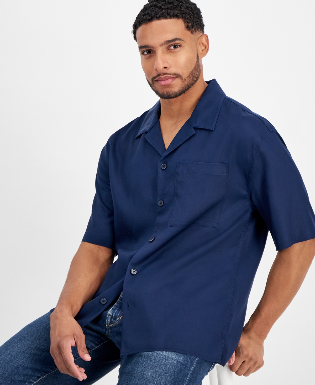 Inc International Concepts Men's Erik Regular-fit Button-down Camp Shirt, Created For Macy's In Basic Navy