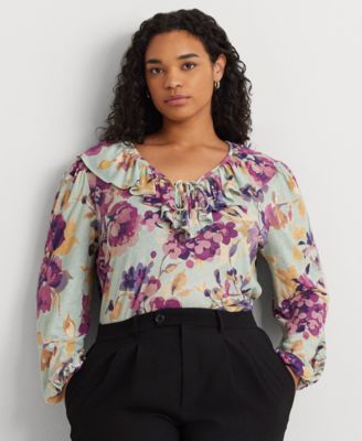 Lauren Ralph Lauren - Plus Size Linen-Blend Ruffled Floral Top