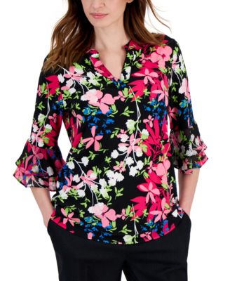 Kasper - Women's Printed Split-Neck Flutter-Sleeve Tunic