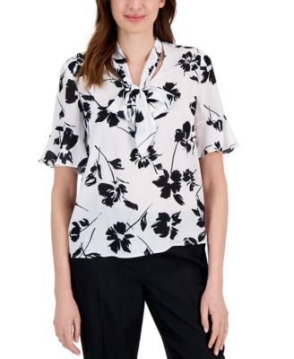 Kasper - Women's Printed Tie-Neck Ruffle-Sleeve Blouse