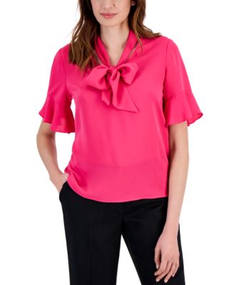 Kasper - Women's Tie-Neck Elbow-Sleeve Blouse