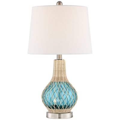 Alana Coastal Accent Table Lamp 22 3/4" High Rope Blue Glass Gourd with Nightlight LED White Fabric Drum Shade for Bedroom Living Room