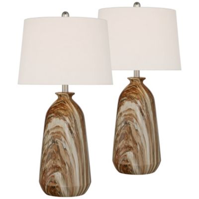 Carlton Modern Table Lamps 28" Tall Set of 2 Swirling Brown Faux Marble White Tapered Drum for Bedroom Living Room Bedside Nightstand
