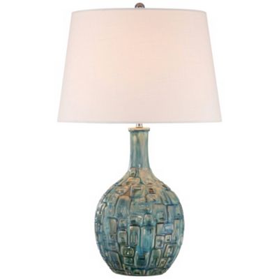 Modern Table Lamp 26" High Teal Glaze Raised Square Ceramic Gourd White Fabric Tapered Drum Shade Decor for Bedroom Living Room House Home Bedside Nightstand Office Kids Family - 360 Lighting