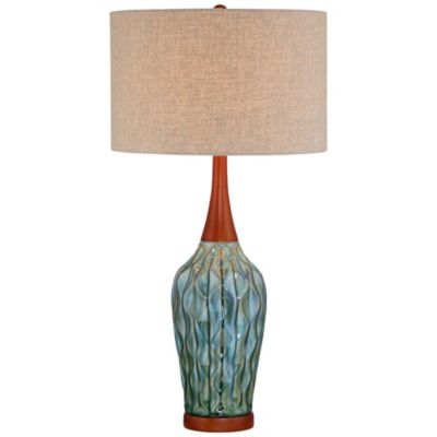 Rocco Mid Century Modern Table Lamp 30" Tall Ceramic Blue Teal Glaze Wood Handmade Linen Drum Shade Decor for Living Room Bedroom House Bedside Home Entryway (Colors May Vary) - 360 Lighting