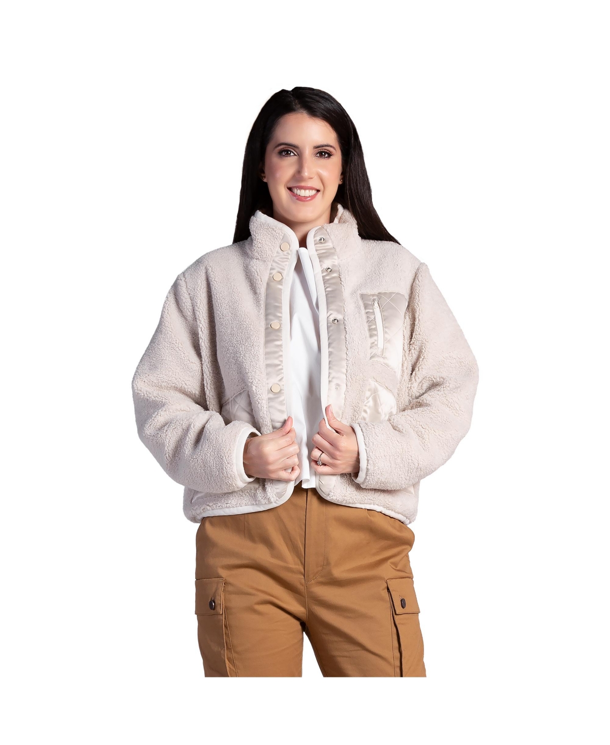 Women's Embroidered Dog Patch Snap Button Sherpa Jacket - Off white