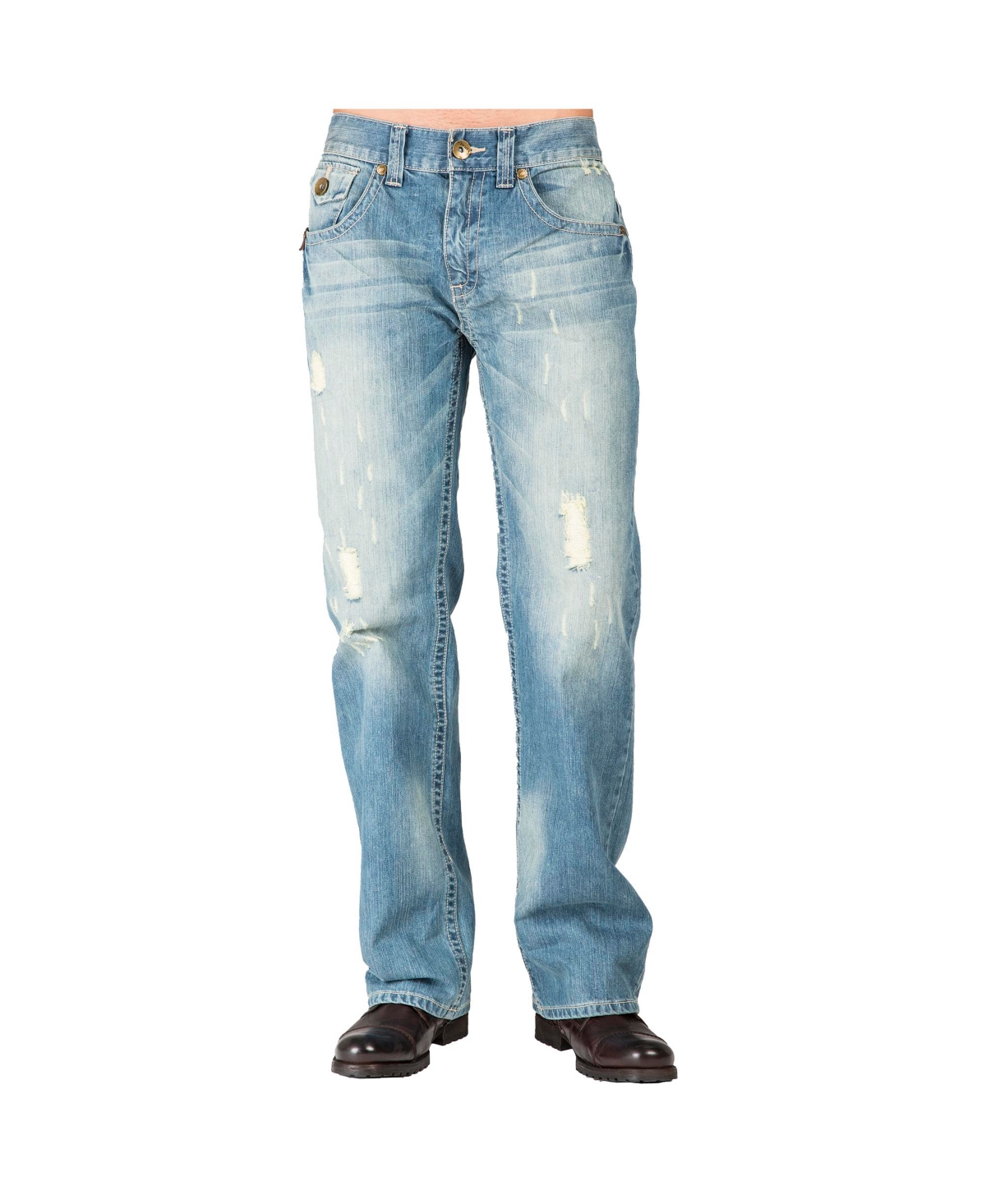 Men's Relaxed Straight Leg Premium Denim Jeans Zipper Trim Pockets - Light blue tint