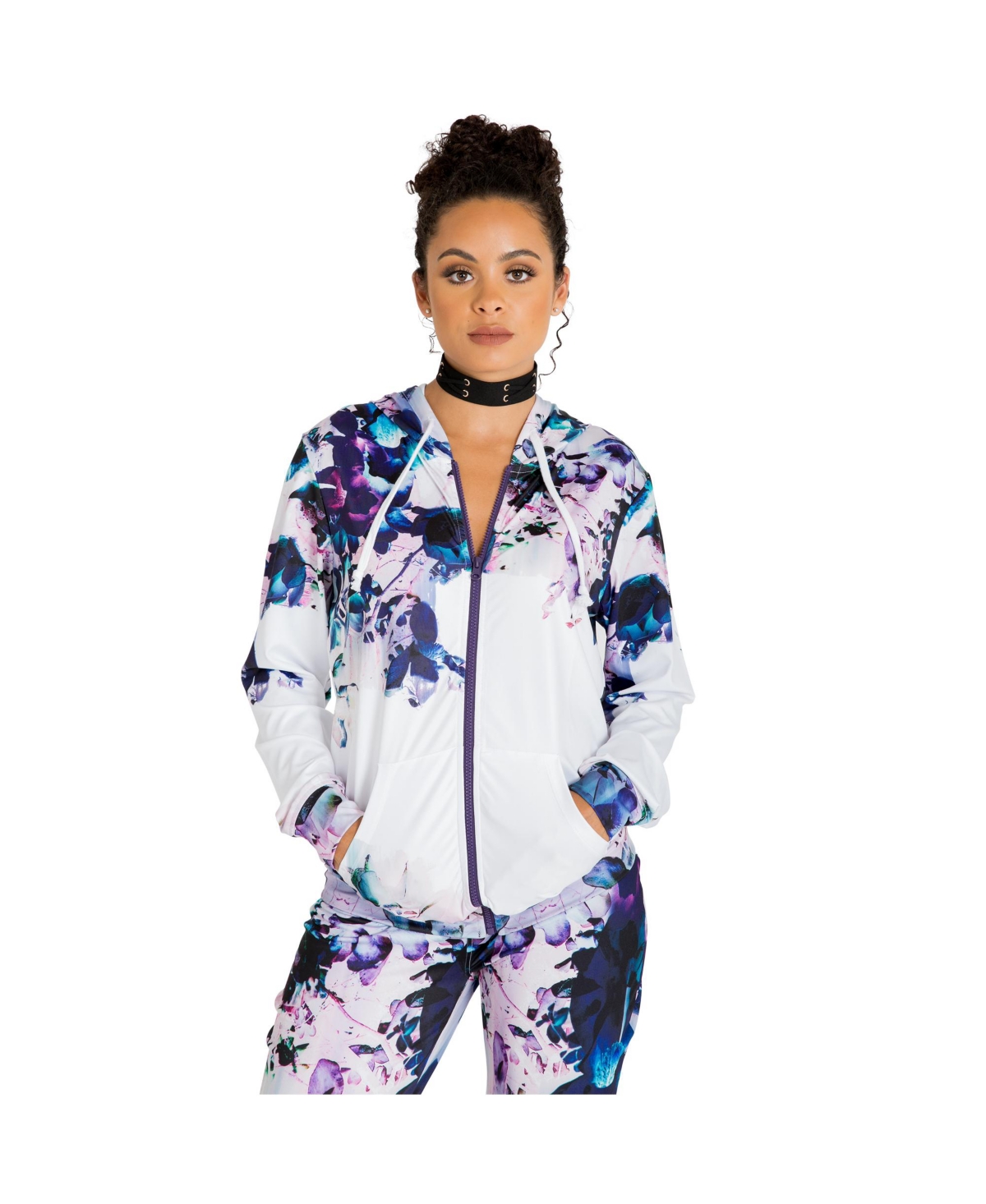 Women's Curvy Fit Active Zip-Up Floral Print Poly Tricot Hoodie - White floral
