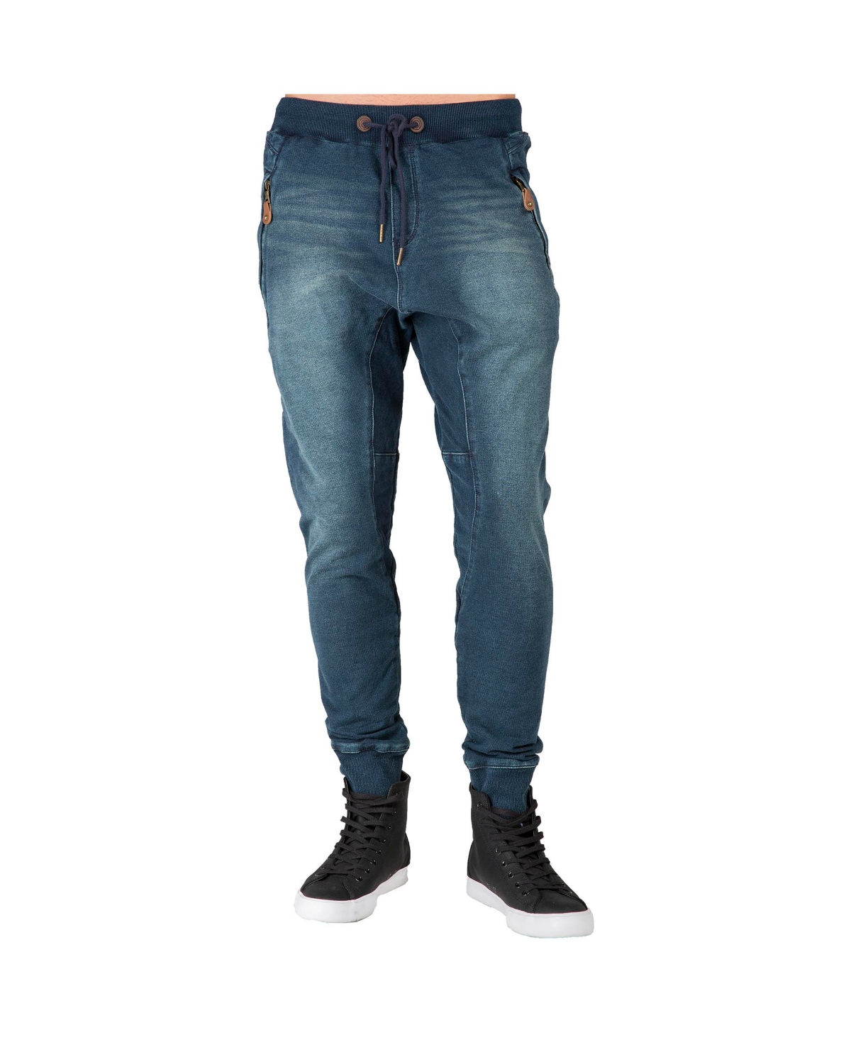 Men's Premium Knit Denim Jogger Jeans Drop Crotch Whisker Zipper Pockets - Blue imperial
