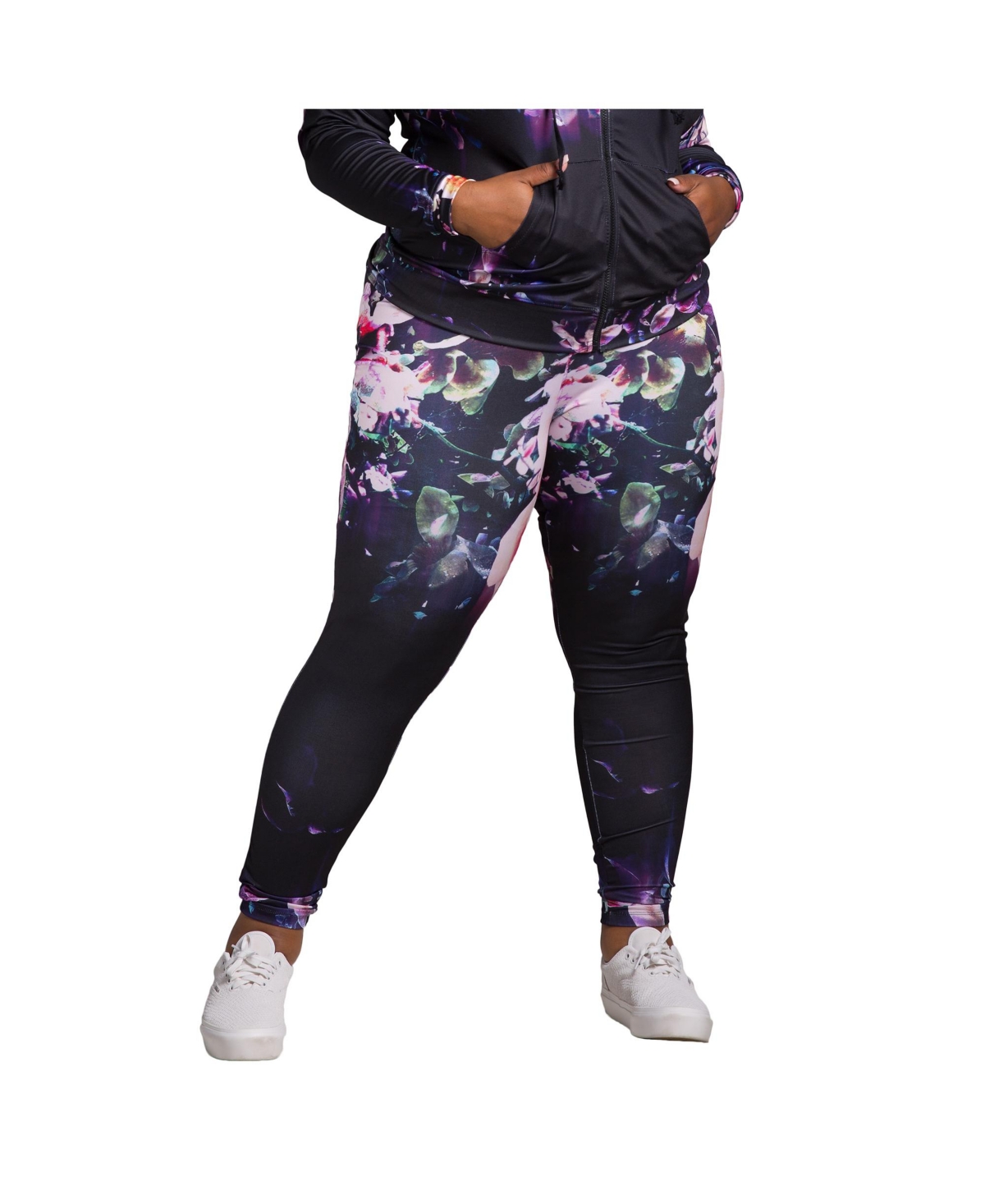 Women's Plus Size Curvy Fit Active Floral Print Poly Tricot Leggings - Black floral
