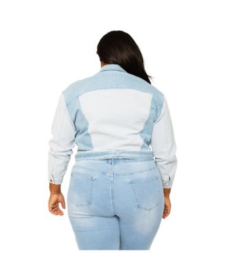 Women's Plus Size Curvy Fit Belted Dual Shade Denim Trucker Jacket