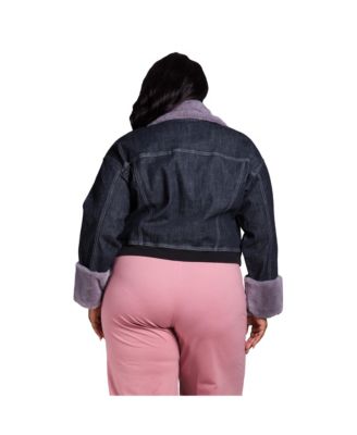 Women's Plus Size Curvy Fit Zip Up Faux Fur Trim Trucker Jacket