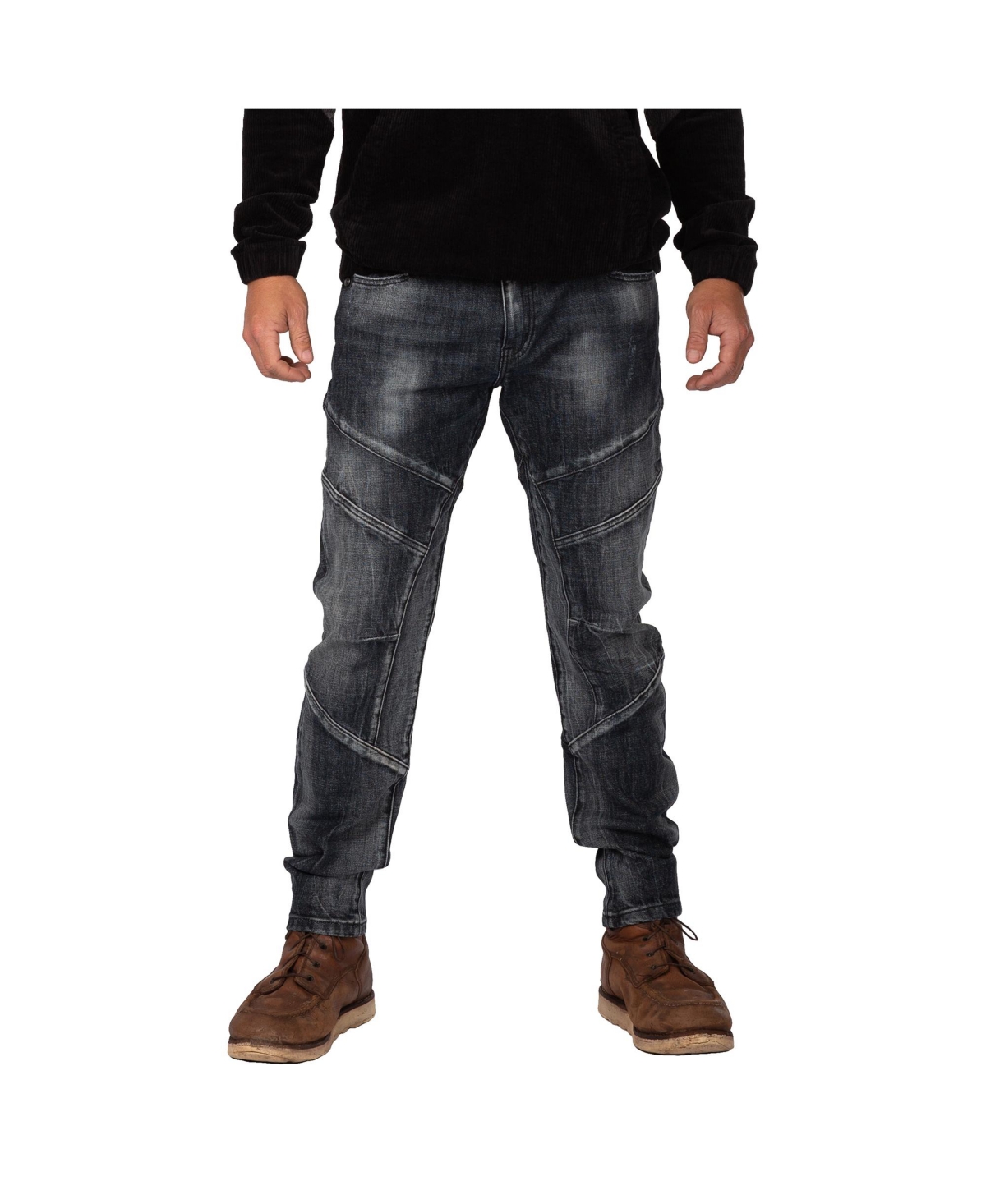 Men's Cut & Sewn Detail Curved Leg Slim Taper Moto Jeans