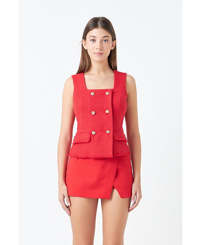 endless rose Women's Tweed Fringed Double Button Top Macy's