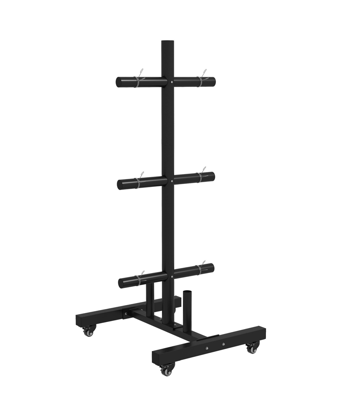 Olympic Weight Plate Rack with 4 Wheels and 6 Fasten Clamps - Black