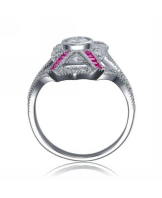 Sterling Silver White Gold Plated with Pink Baguette and Clear Round Cubic Zirconia Cocktail Ring