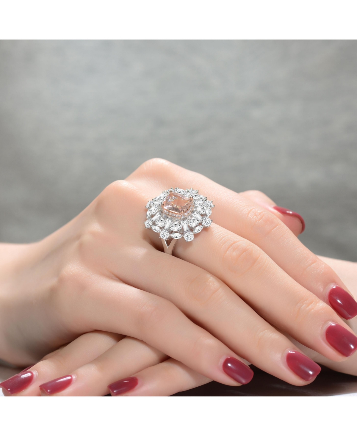 Genevive Sterling Silver White Gold Plated with Squareand Cubic Zirconia's Petals Flower Ring - Pink