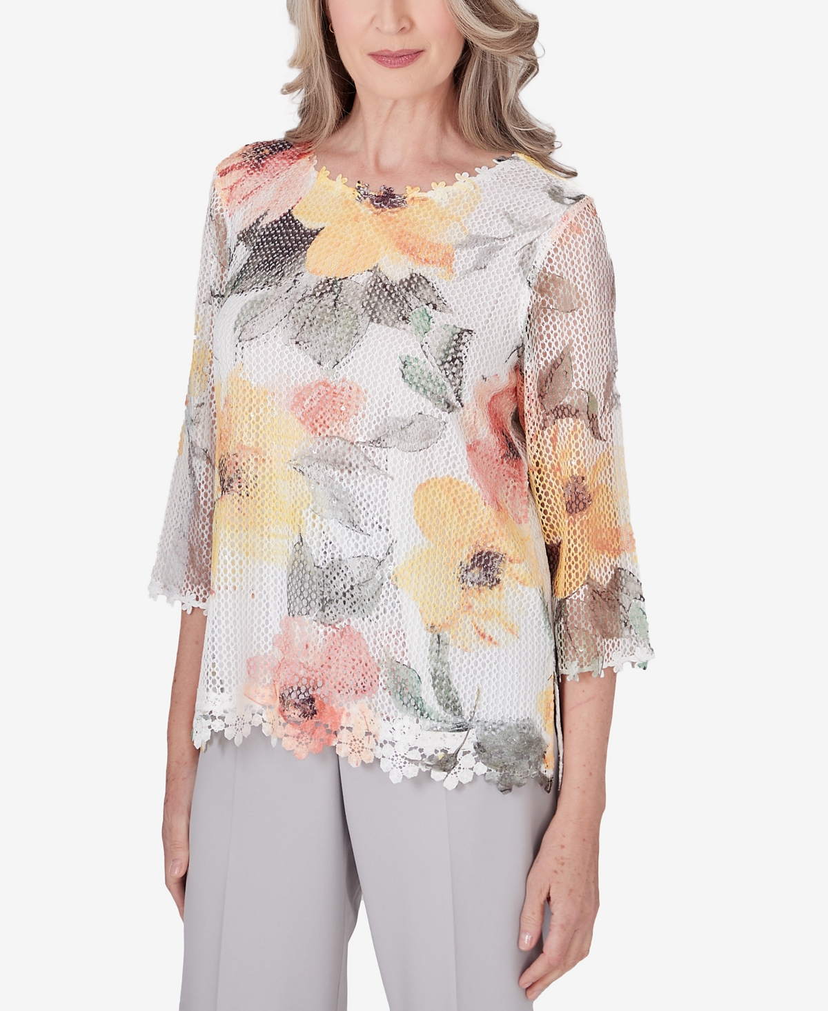 Alfred Dunner Women's Charleston Watercolor Floral Mesh Top