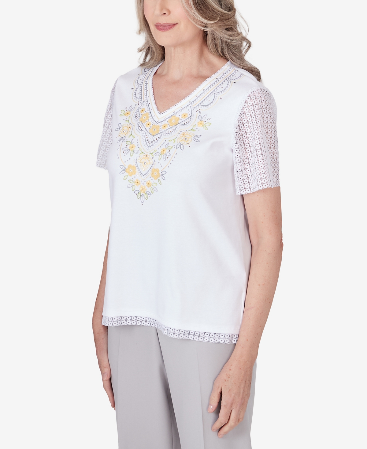 Alfred Dunner Women's Charleston Lace Sleeves Embroidered Top