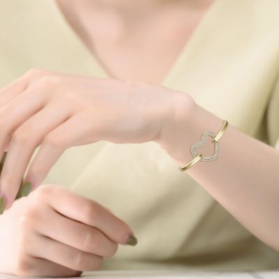 14k Gold Plated Cubic Zirconia French Pave Heart Halo Stacking Bracelet