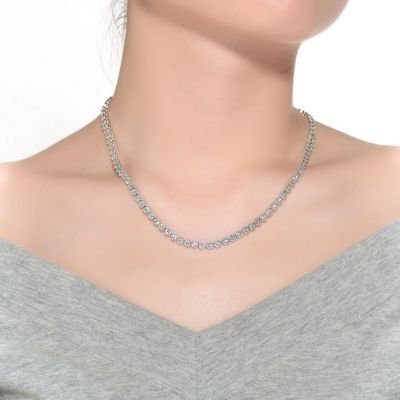 Sterling Silver with White Gold Plated Clear Round Cubic Zirconia Milgrain Bezel Tennis Necklace