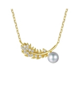 14k Gold Plated Sterling Silver with Cubic Zirconia & Faux Pearl Fern Leaf Pendant Necklace - Gold
