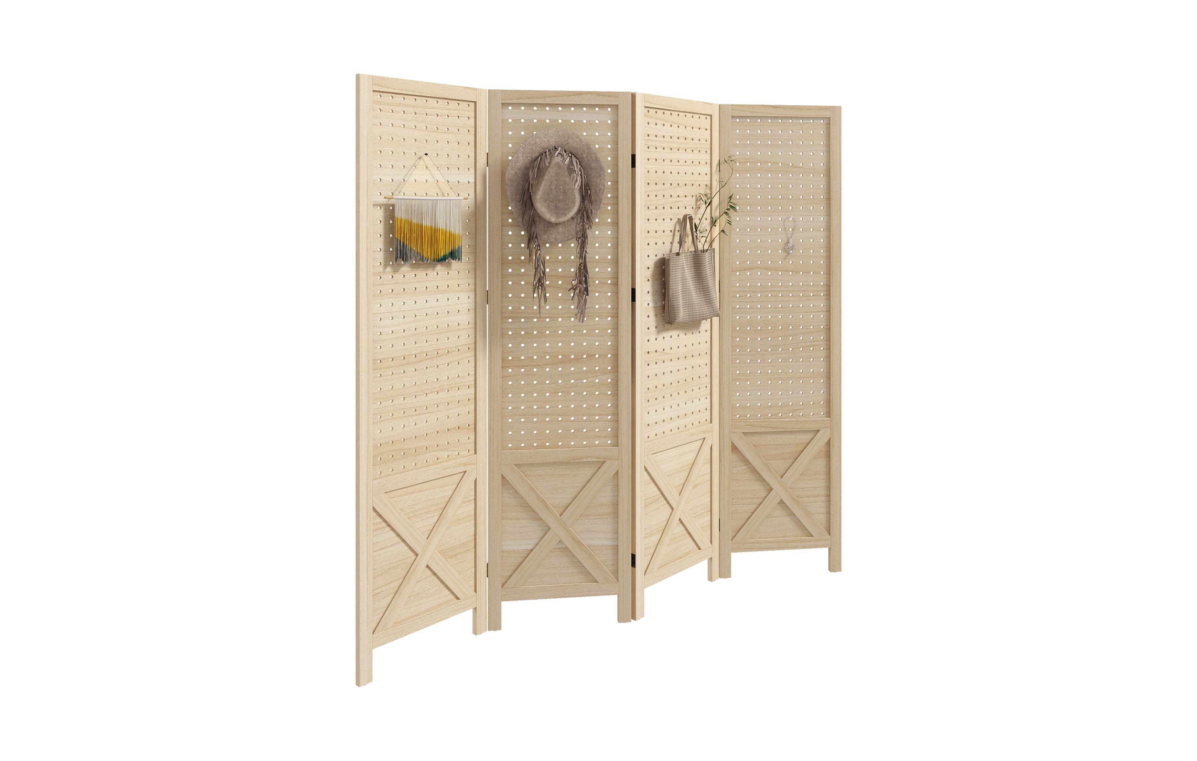 Homcom 4.7' 4 Panel Room Divider with Pegboard Display for Indoor, Natural