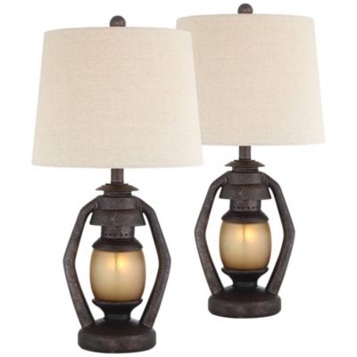 Horace Rustic Table Lamps 25 1/4" High Set of 2 Brown with Nightlight Miner Lantern Oatmeal Drum Shade for Bedroom Living Room