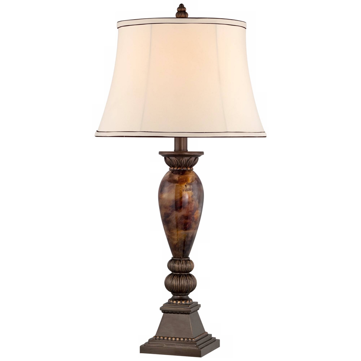 Mulholland Traditional Vintage like Table Lamp Tall Aged Bronze Golden Faux Marble Off White Bell Shade for Living Room Bedroom House Bedside Nigh