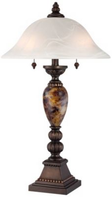 Mulholland Traditional Vintage like  Table Lamp 27" Tall Aged Bronze Faux Marble White Alabaster Glass Dome Shade for Living Room Bedroom House Bedside Nightstand Home Office Family - Kathy Ireland