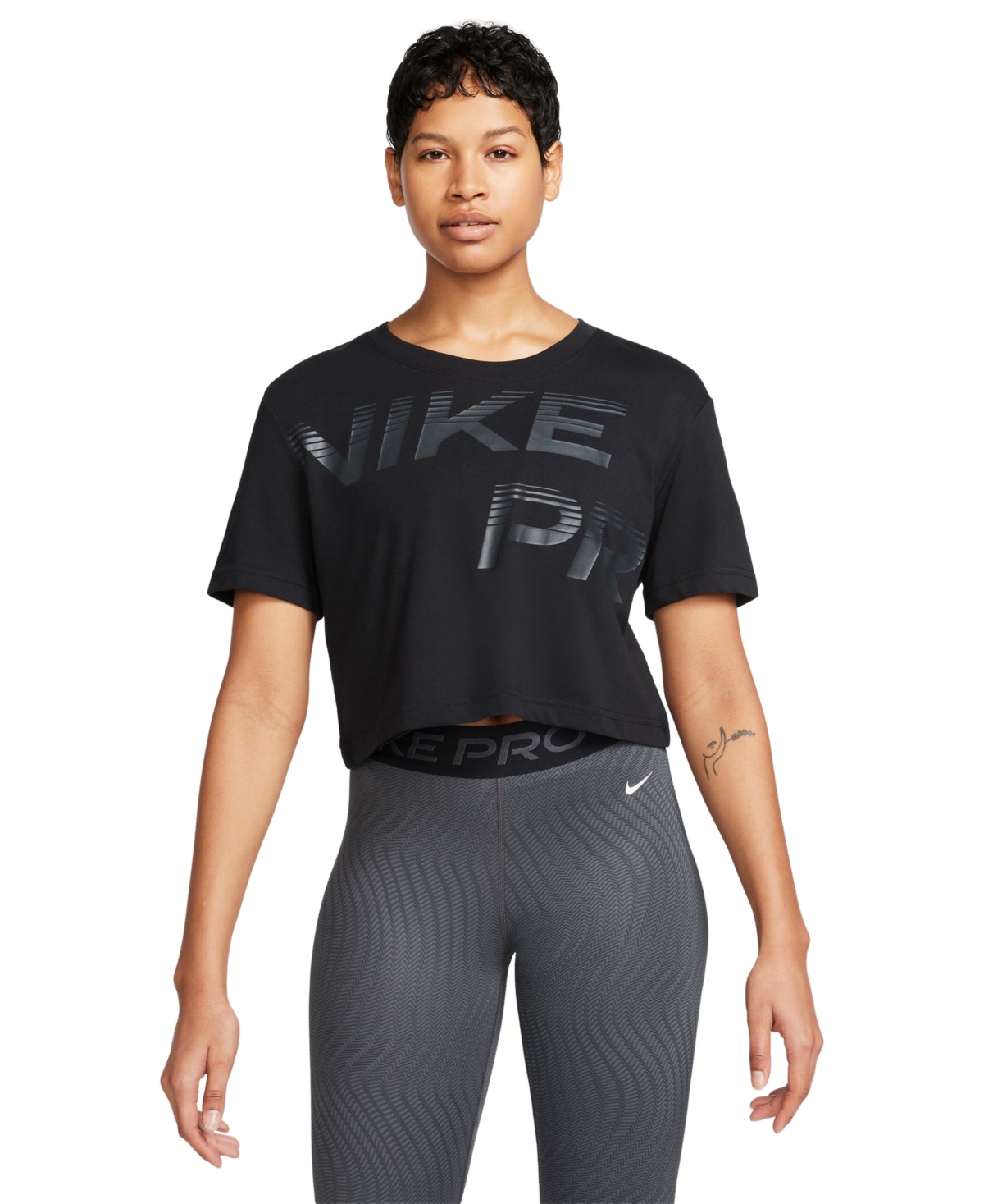 Shop Nike Women's Pro Dri-fit Graphic Short-sleeve Cropped Top In Black