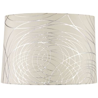 Cream with Silver Circles Medium Drum Lamp Shade 15" Top x 16" Bottom x 11" High (Spider) Replacement with Harp and Finial