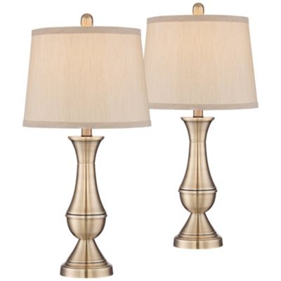 Becky Traditional Table Lamps 24 3/4" High Set of 2 Antique Brass Metal Beige Drum Shade for Bedroom Living Room Bedside Nightstand Home