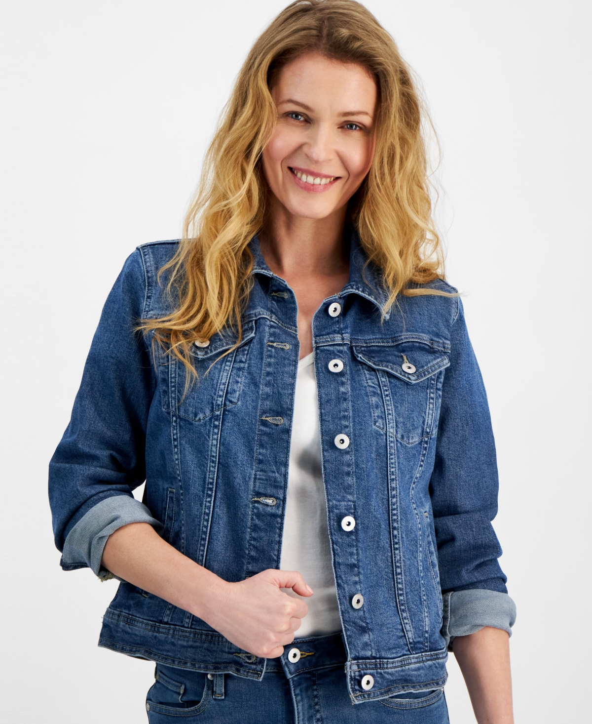 STYLE & CO PETITE CLASSIC DENIM TRUCKER JACKET, CREATED FOR MACY'S 