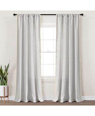 Boho Coastal Horizontal Ticking Stripe Tassel Window Curtain Panels