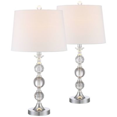 Solange 25" High Modern Glam Table Lamps Set of 2 Silver Finish Stacked Crystal White Shade Living Room Bedroom