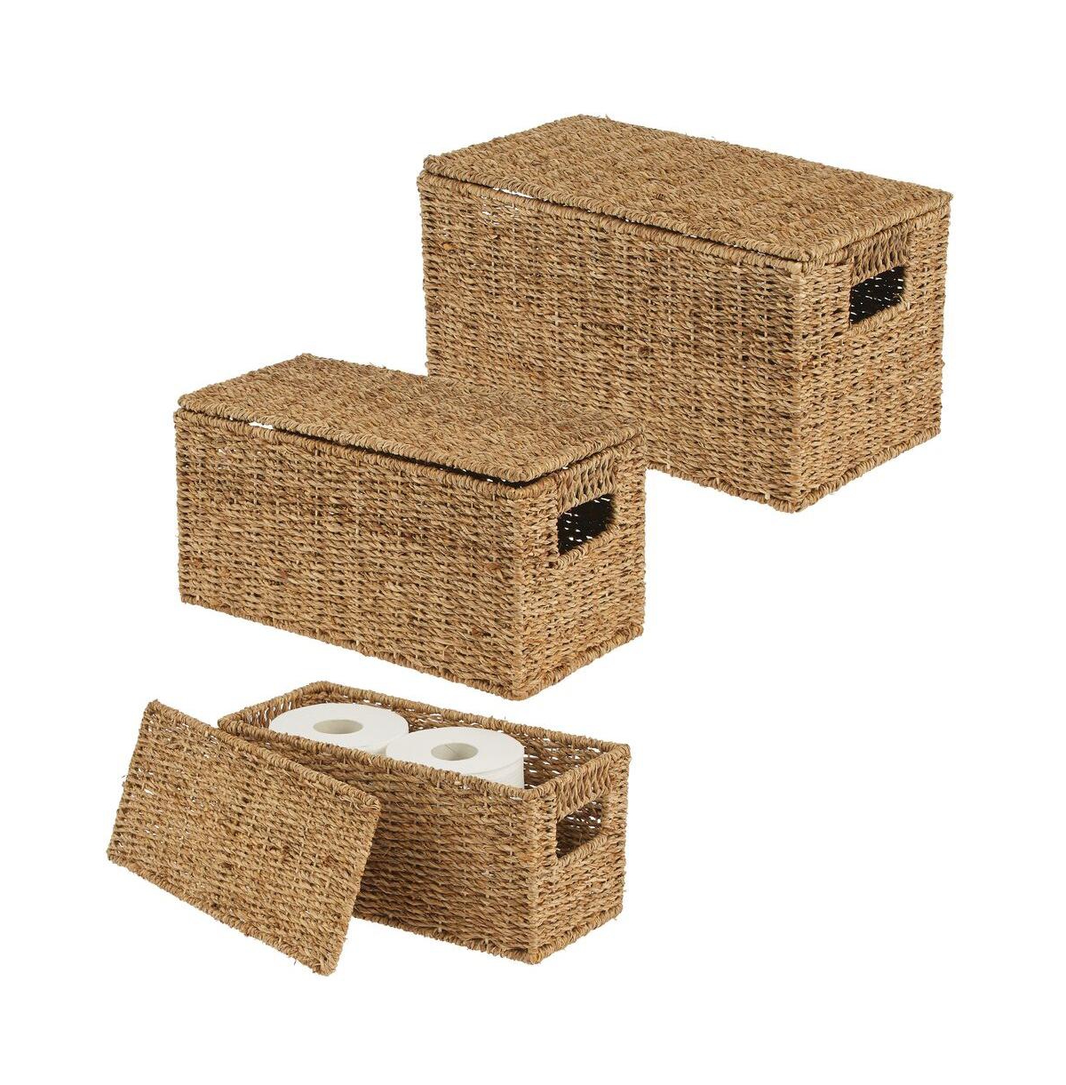 Woven Seagrass Home Storage Basket with Lid, Set of 3 - Natural