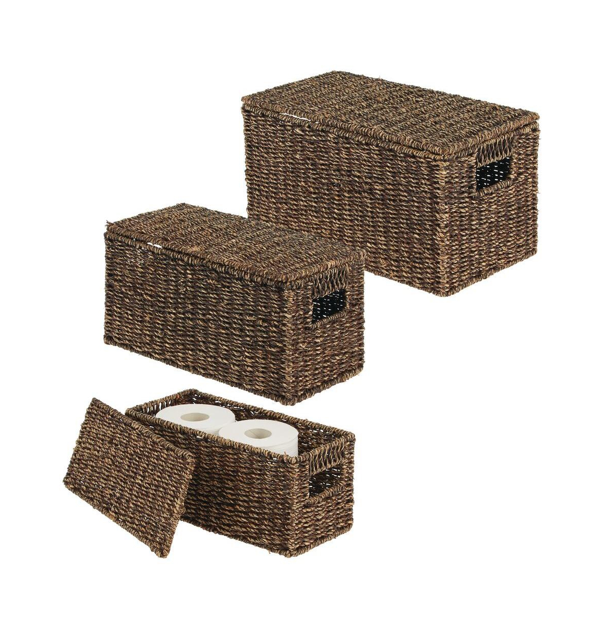 Woven Seagrass Home Storage Basket with Lid, Set of 3 - Dark brown