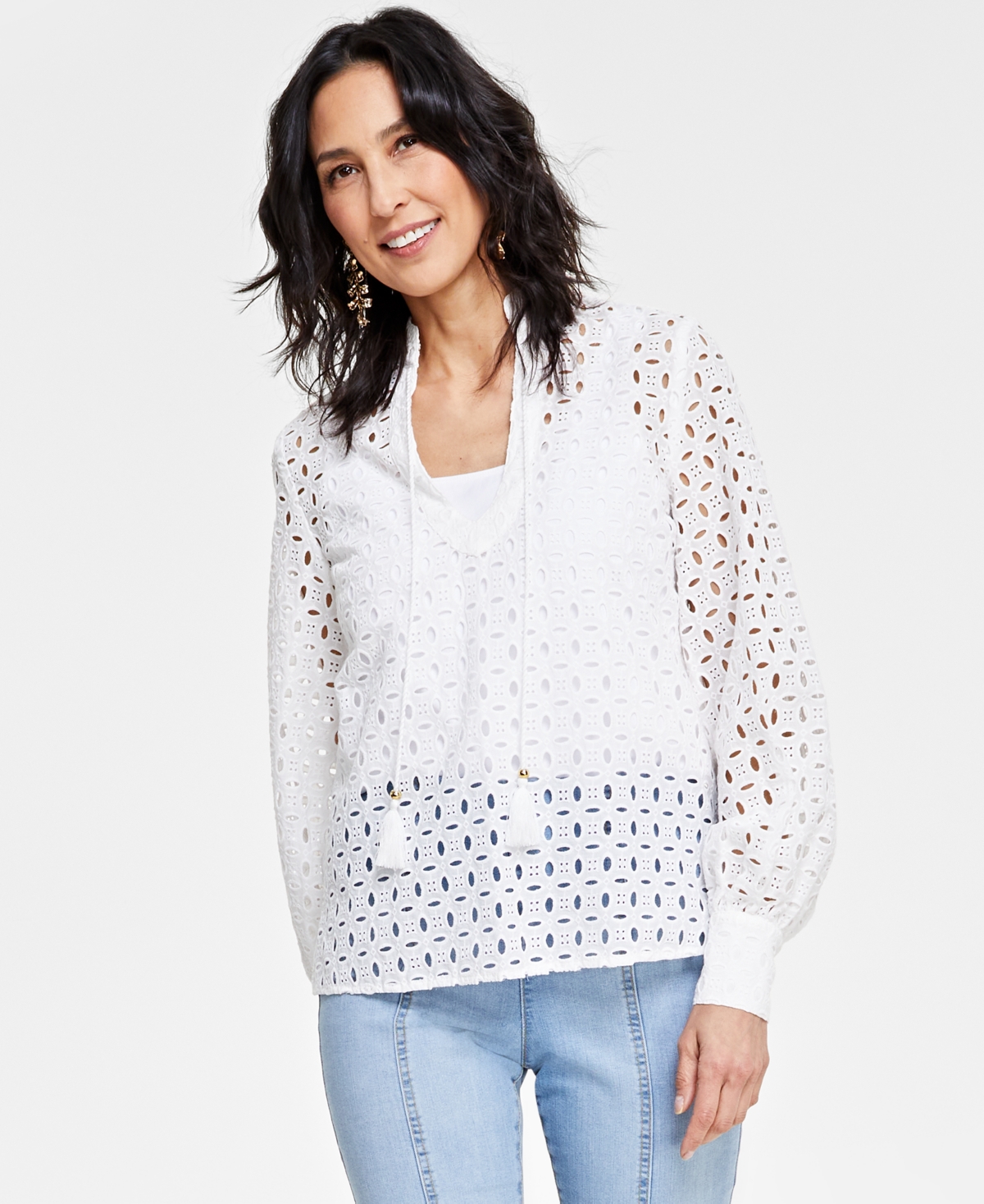 Inc International Concepts Women's Cotton Tie-neck Eyelet Blouse, Created For Macy's In Bright White
